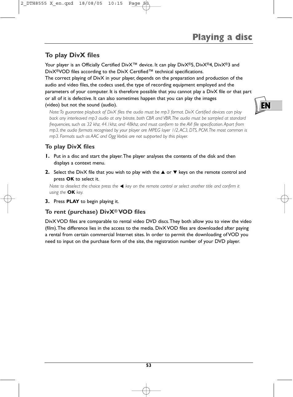 En playing a disc | Technicolor - Thomson DTH8555 X User Manual | Page 53 / 75