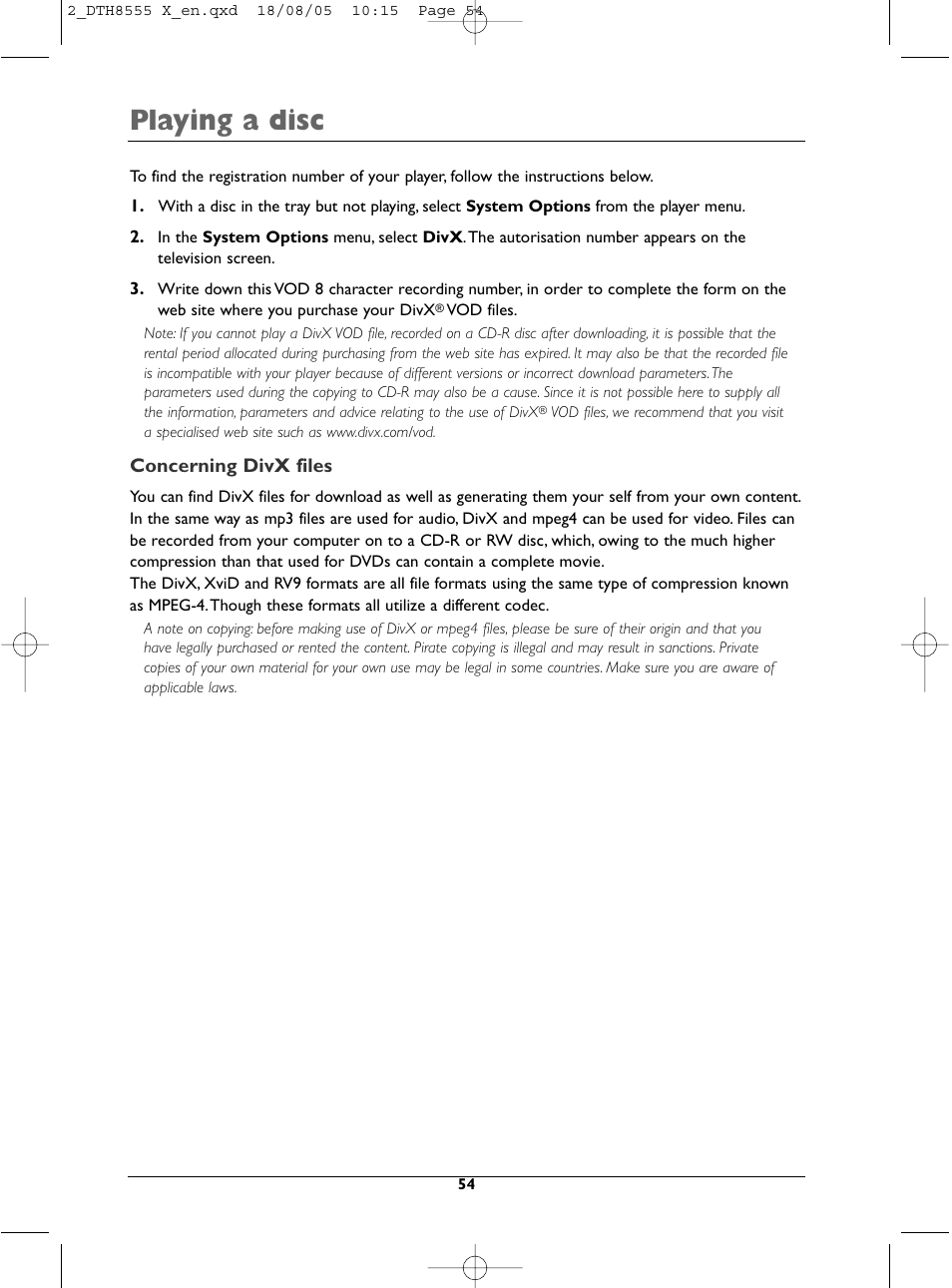 Playing a disc | Technicolor - Thomson DTH8555 X User Manual | Page 54 / 75
