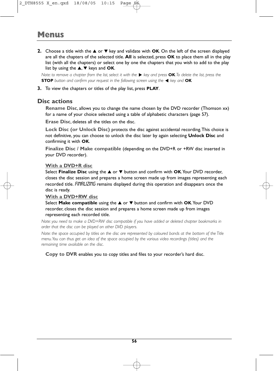Menus, Disc actions | Technicolor - Thomson DTH8555 X User Manual | Page 56 / 75
