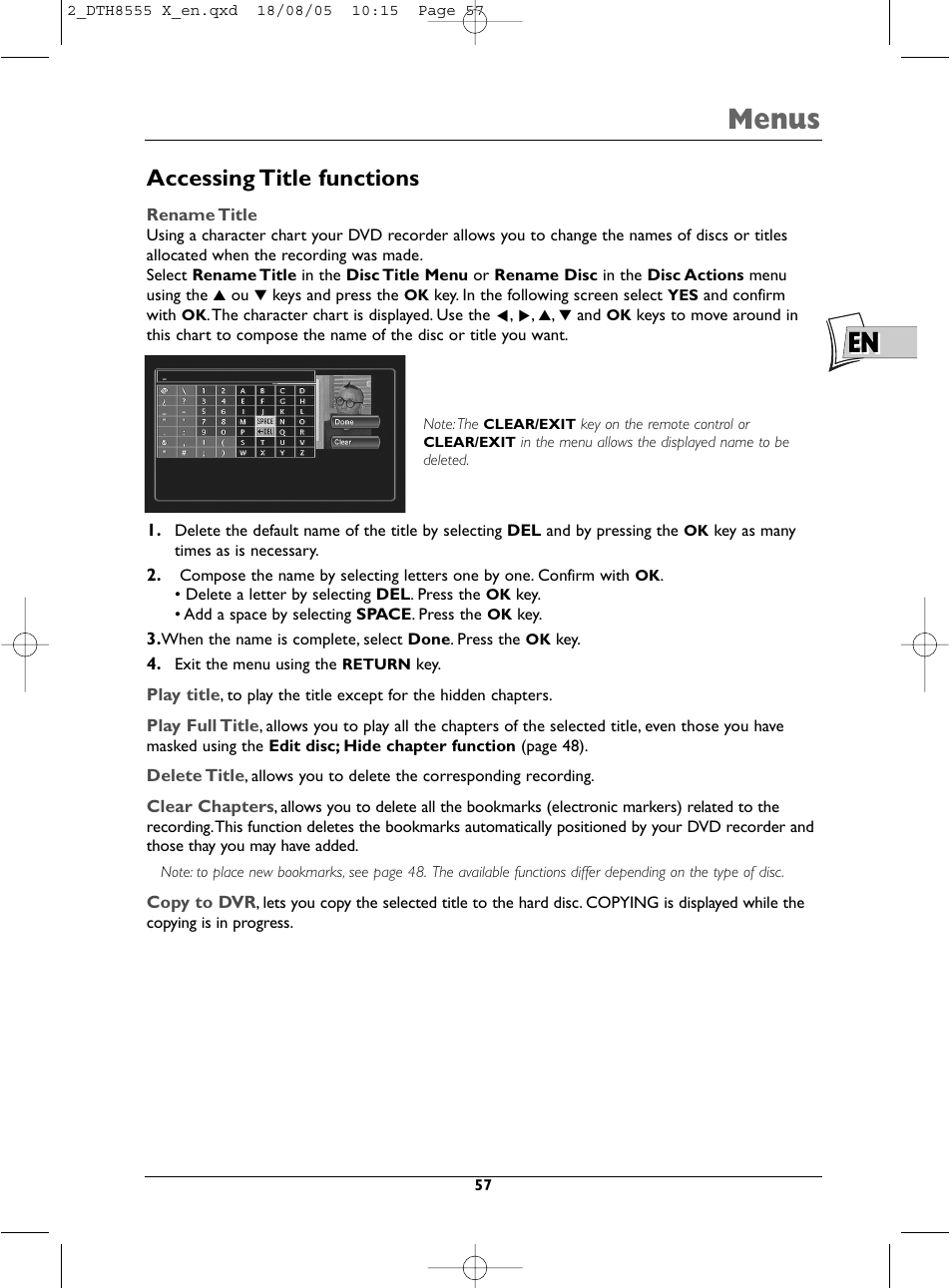 En menus, Accessing title functions | Technicolor - Thomson DTH8555 X User Manual | Page 57 / 75