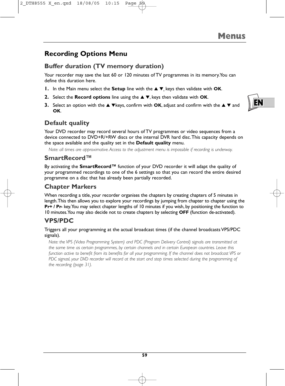 Menus, Recording options menu, Default quality | Smartrecord, Chapter markers, Vps/pdc | Technicolor - Thomson DTH8555 X User Manual | Page 59 / 75