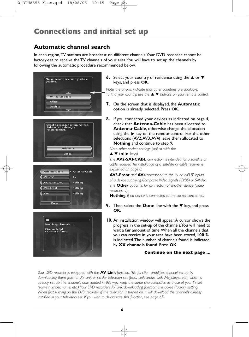 Connections and initial set up, Automatic channel search | Technicolor - Thomson DTH8555 X User Manual | Page 6 / 75