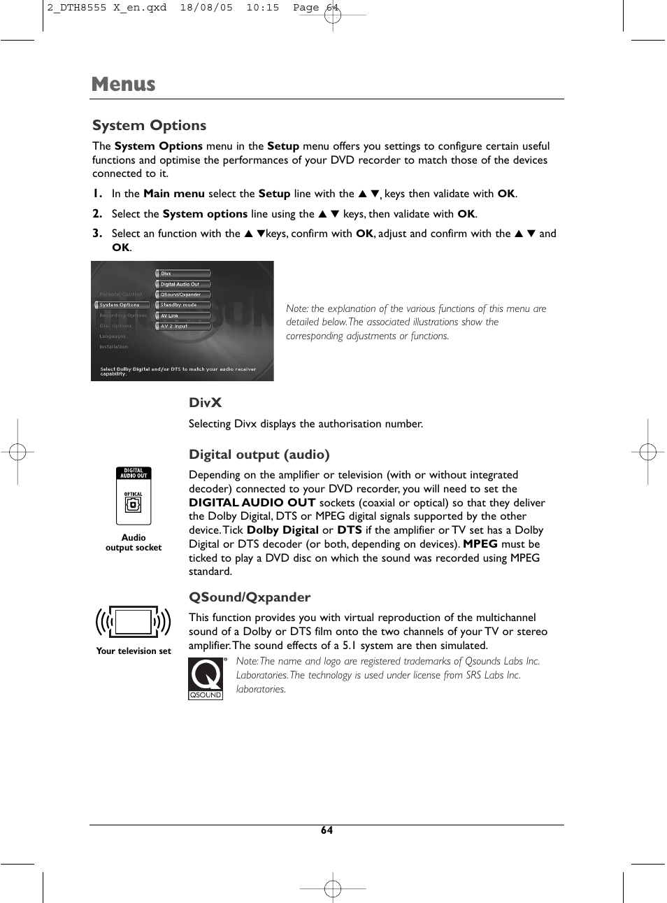 Menus, System options | Technicolor - Thomson DTH8555 X User Manual | Page 64 / 75