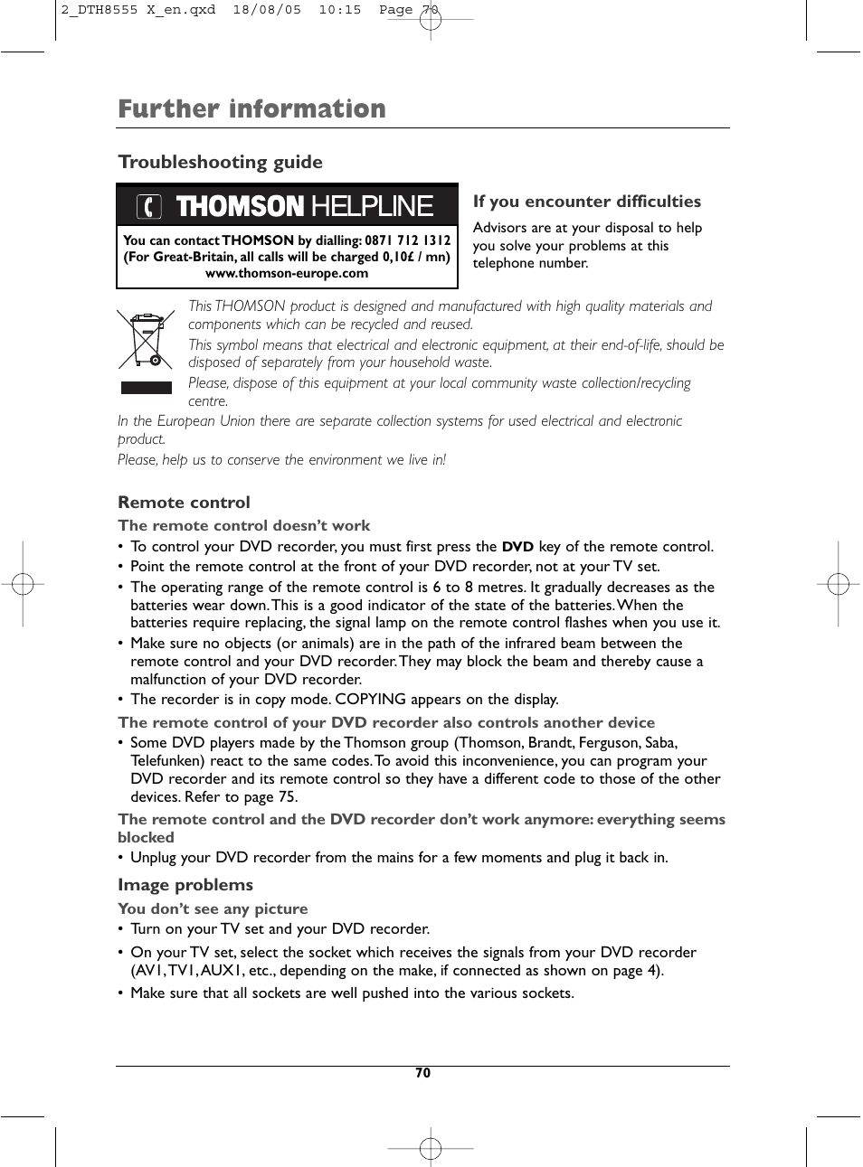 Further information, Troubleshooting guide | Technicolor - Thomson DTH8555 X User Manual | Page 70 / 75