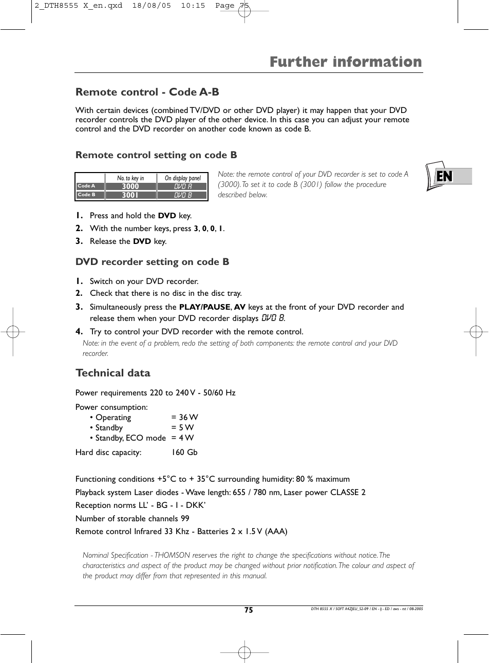 En further information, Remote control - code a-b, Technical data | Technicolor - Thomson DTH8555 X User Manual | Page 75 / 75