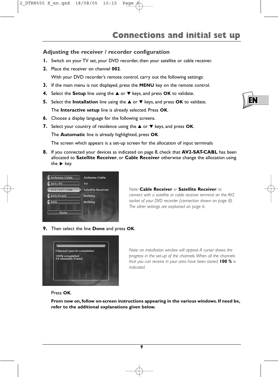 En connections and initial set up | Technicolor - Thomson DTH8555 X User Manual | Page 9 / 75