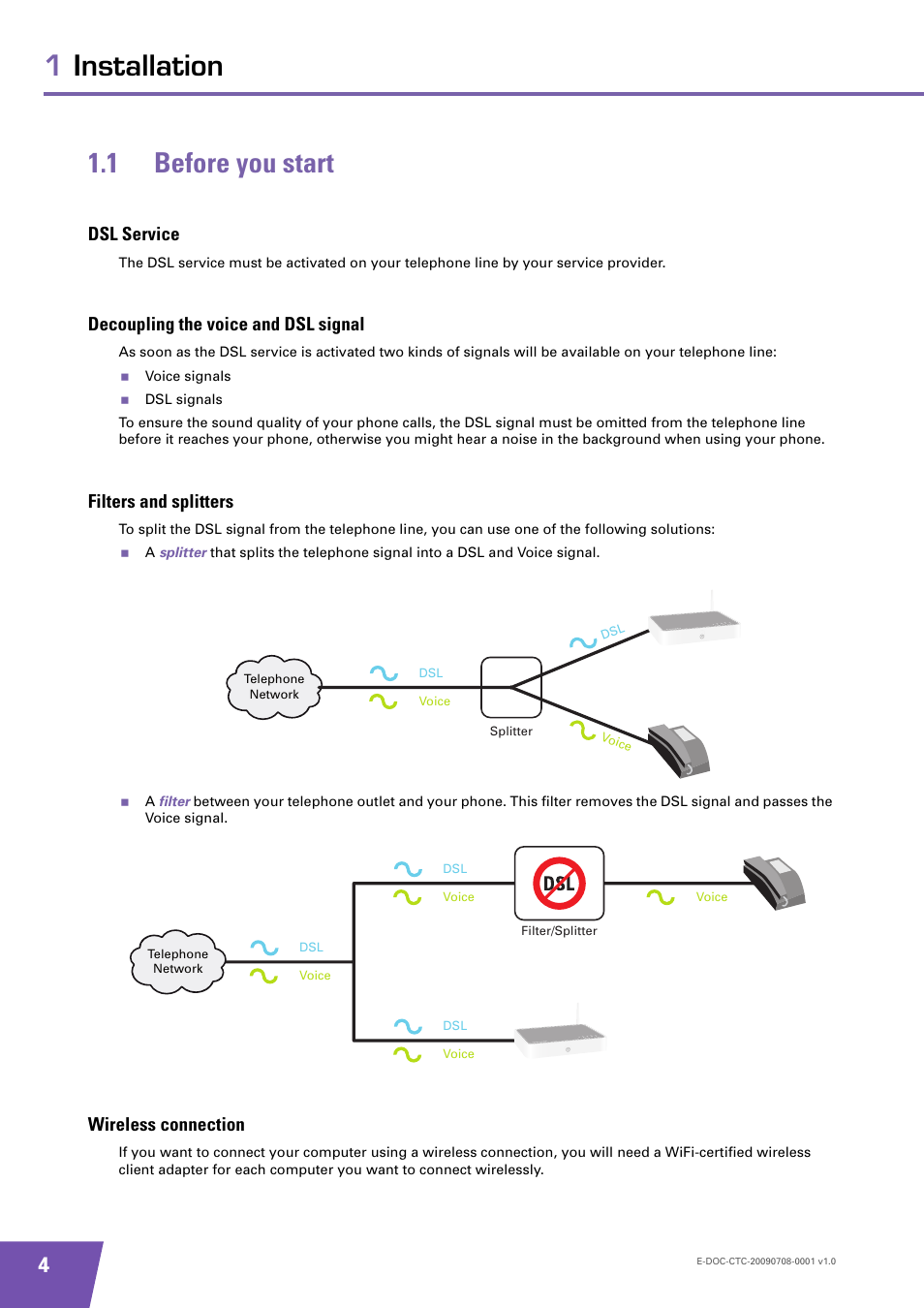 1 before you start, Dsl service, Decoupling the voice and dsl signal | Filters and splitters, Wireless connection, Before you start, 1installation 1.1 before you start | Technicolor - Thomson TG585 V8 User Manual | Page 10 / 60