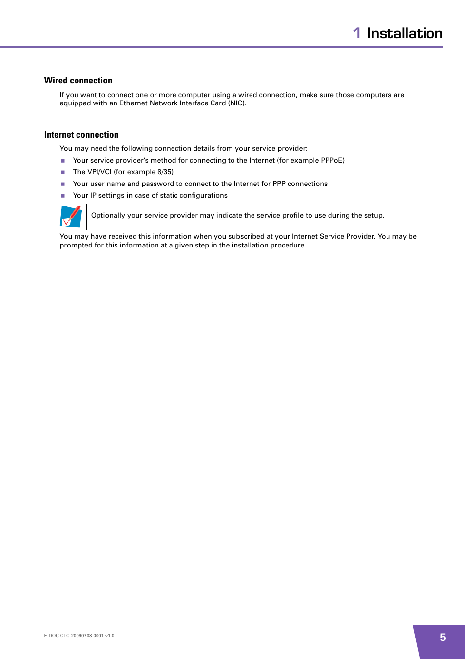 Wired connection, Internet connection, 1installation | Technicolor - Thomson TG585 V8 User Manual | Page 11 / 60