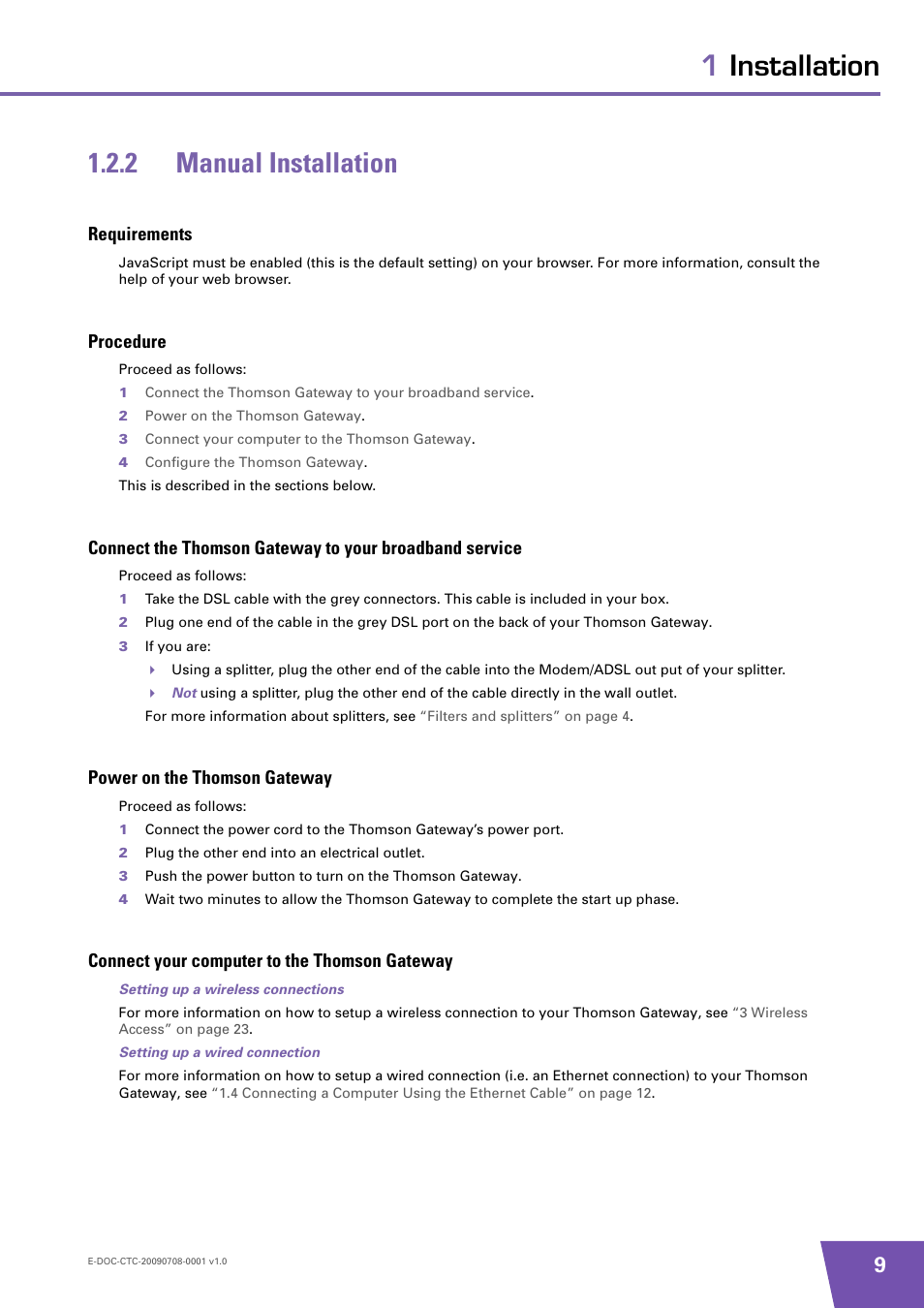 2 manual installation, Requirements, Procedure | Power on the thomson gateway, Connect your computer to the thomson gateway, Manual installation, 1installation 1.2.2 manual installation | Technicolor - Thomson TG585 V8 User Manual | Page 15 / 60