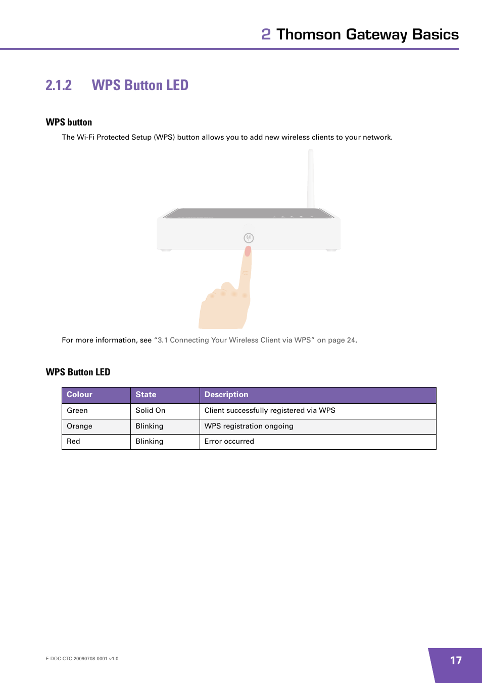 2 wps button led, Wps button, Wps button led | 2thomson gateway basics 2.1.2 wps button led | Technicolor - Thomson TG585 V8 User Manual | Page 23 / 60