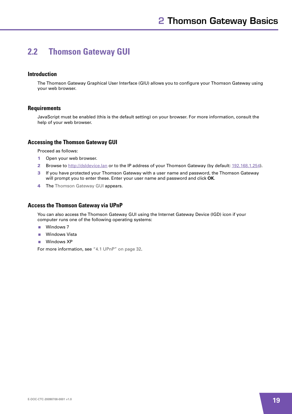 2 thomson gateway gui, Introduction, Requirements | Accessing the thomson gateway gui, Access the thomson gateway via upnp, Thomson gateway gui, 2 thomson gateway gui” on, 2thomson gateway basics 2.2 thomson gateway gui | Technicolor - Thomson TG585 V8 User Manual | Page 25 / 60