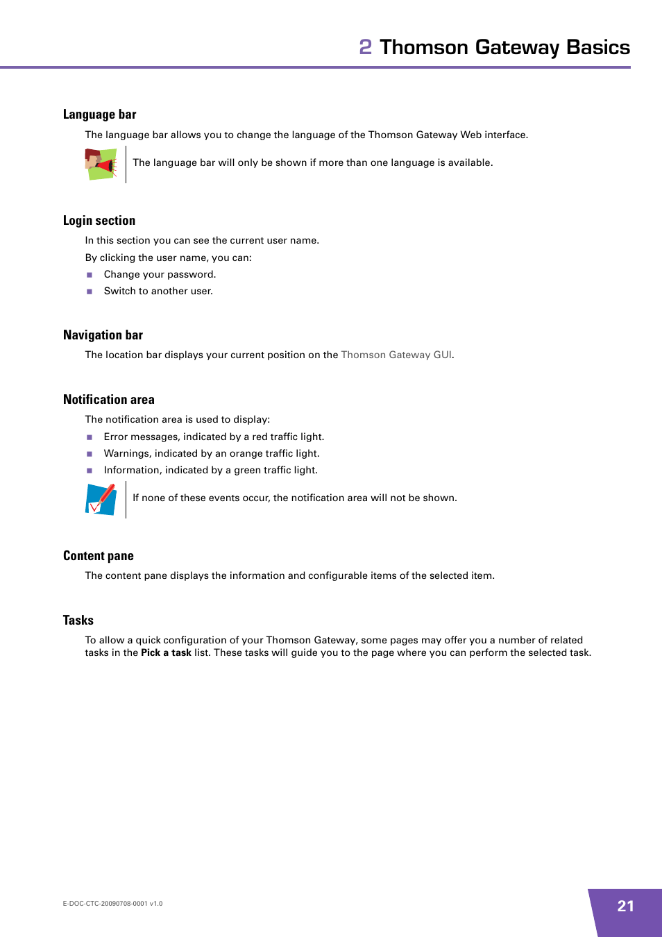Language bar, Login section, Navigation bar | Notification area, Content pane, Tasks, 2thomson gateway basics | Technicolor - Thomson TG585 V8 User Manual | Page 27 / 60