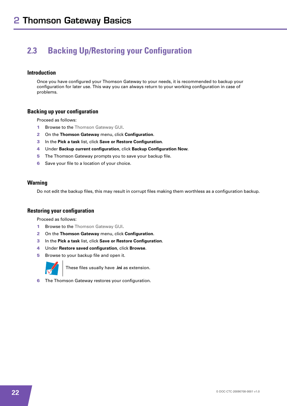 3 backing up/restoring your configuration, Introduction, Backing up your configuration | Warning, Restoring your configuration, Backing up/restoring your configuration | Technicolor - Thomson TG585 V8 User Manual | Page 28 / 60