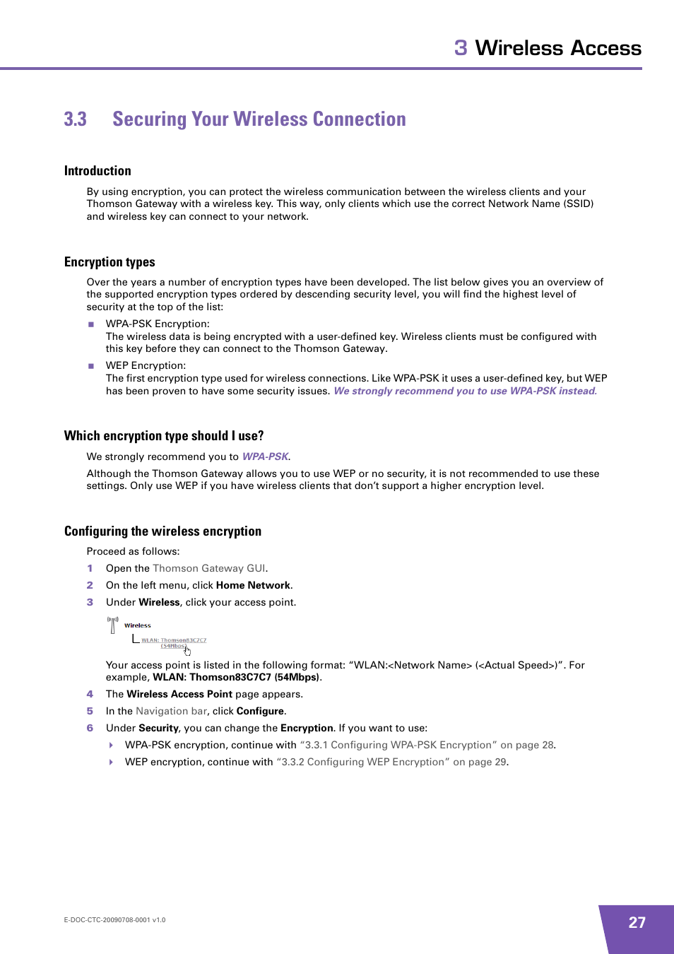 3 securing your wireless connection, Introduction, Encryption types | Which encryption type should i use, Configuring the wireless encryption, Securing your wireless connection, 3 securing | Technicolor - Thomson TG585 V8 User Manual | Page 33 / 60