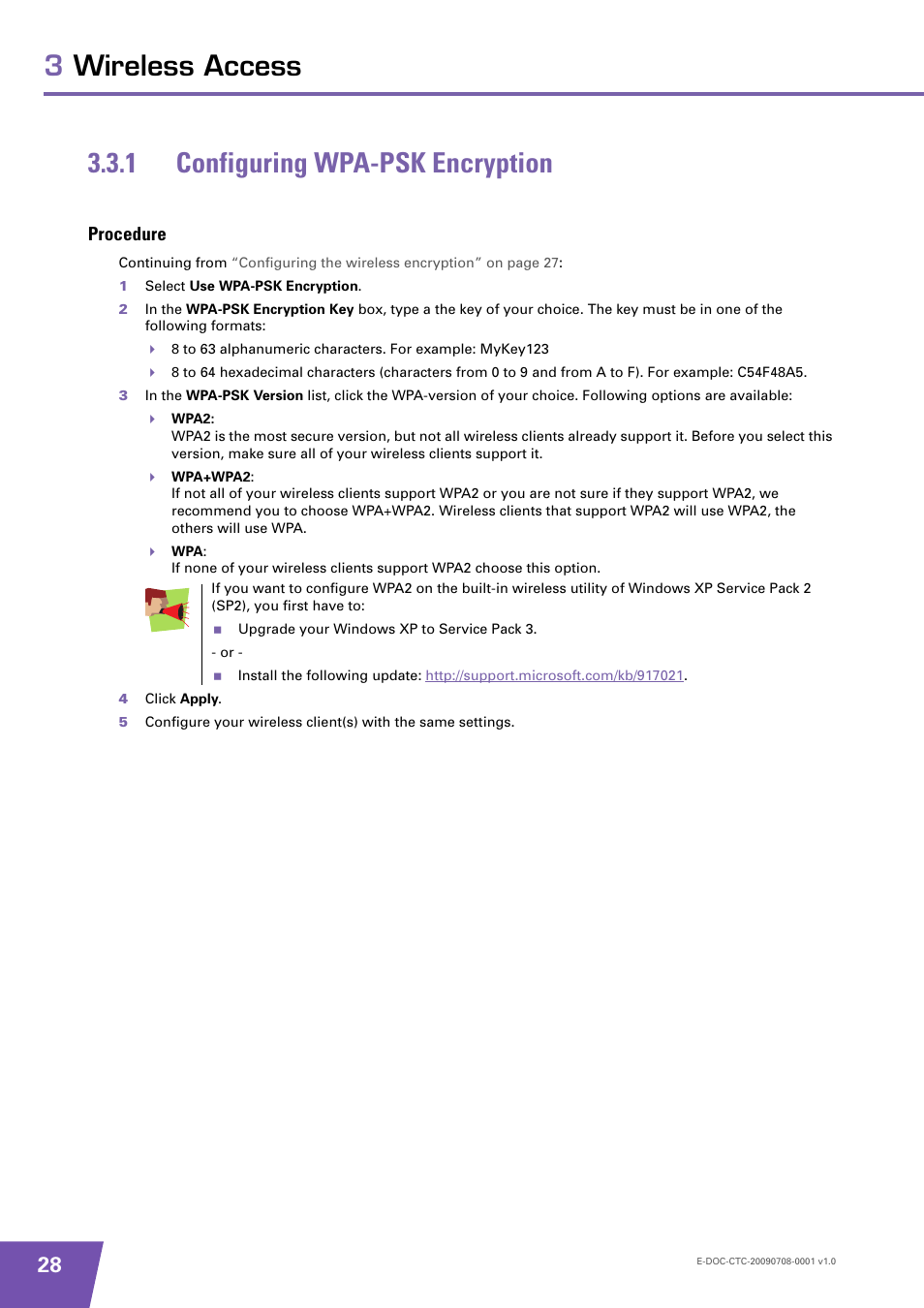 1 configuring wpa-psk encryption, Procedure, Configuring wpa-psk encryption | Technicolor - Thomson TG585 V8 User Manual | Page 34 / 60