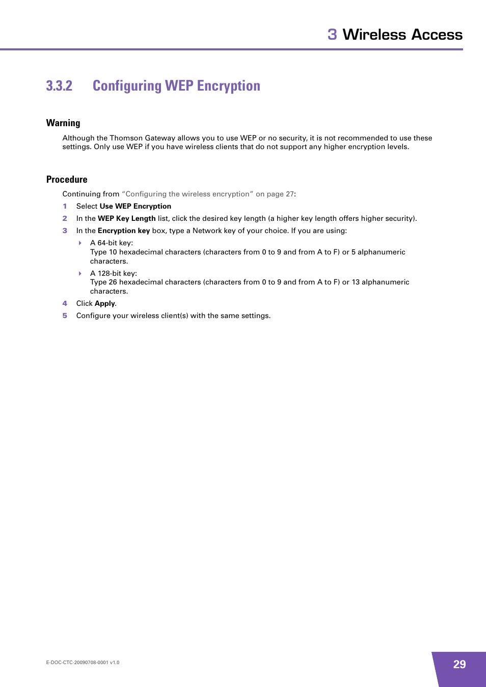 2 configuring wep encryption, Warning, Procedure | Configuring wep encryption, Continue with, 3wireless access 3.3.2 configuring wep encryption | Technicolor - Thomson TG585 V8 User Manual | Page 35 / 60