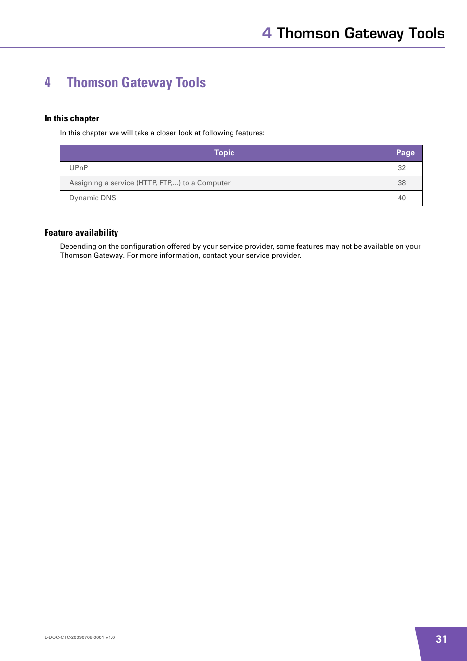 4 thomson gateway tools, In this chapter, Feature availability | Thomson gateway tools, 4thomson gateway tools 4 thomson gateway tools | Technicolor - Thomson TG585 V8 User Manual | Page 37 / 60