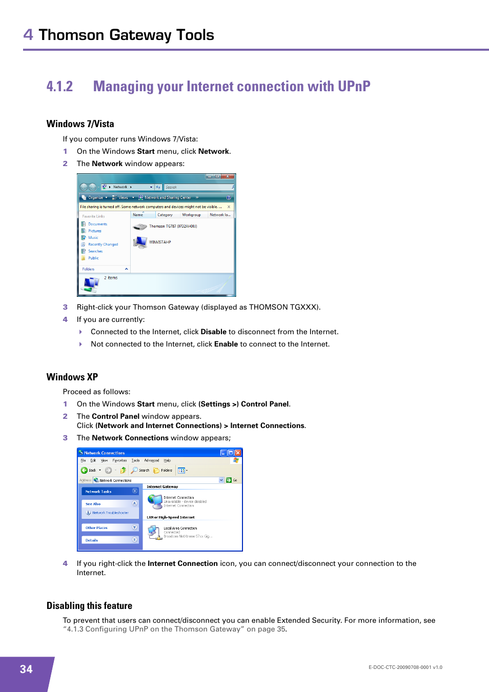 2 managing your internet connection with upnp, Windows 7/vista, Windows xp | Disabling this feature, Managing your internet connection with upnp | Technicolor - Thomson TG585 V8 User Manual | Page 40 / 60