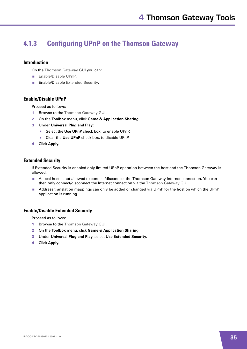 3 configuring upnp on the thomson gateway, Introduction, Enable/disable upnp | Extended security, Enable/disable extended security, Configuring upnp on the thomson gateway | Technicolor - Thomson TG585 V8 User Manual | Page 41 / 60