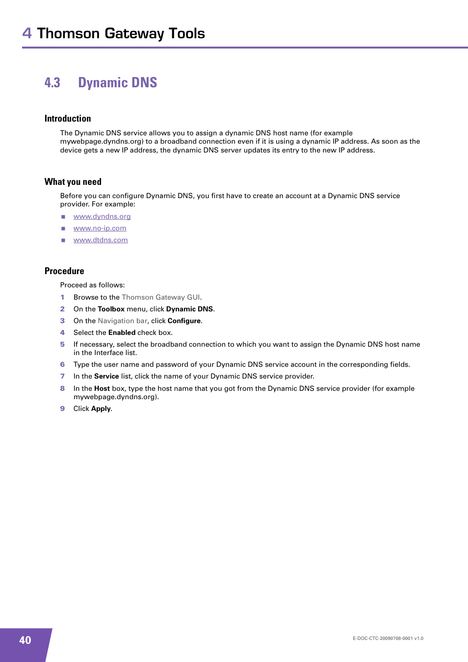 3 dynamic dns, Introduction, What you need | Procedure, Dynamic dns, 4thomson gateway tools 4.3 dynamic dns | Technicolor - Thomson TG585 V8 User Manual | Page 46 / 60