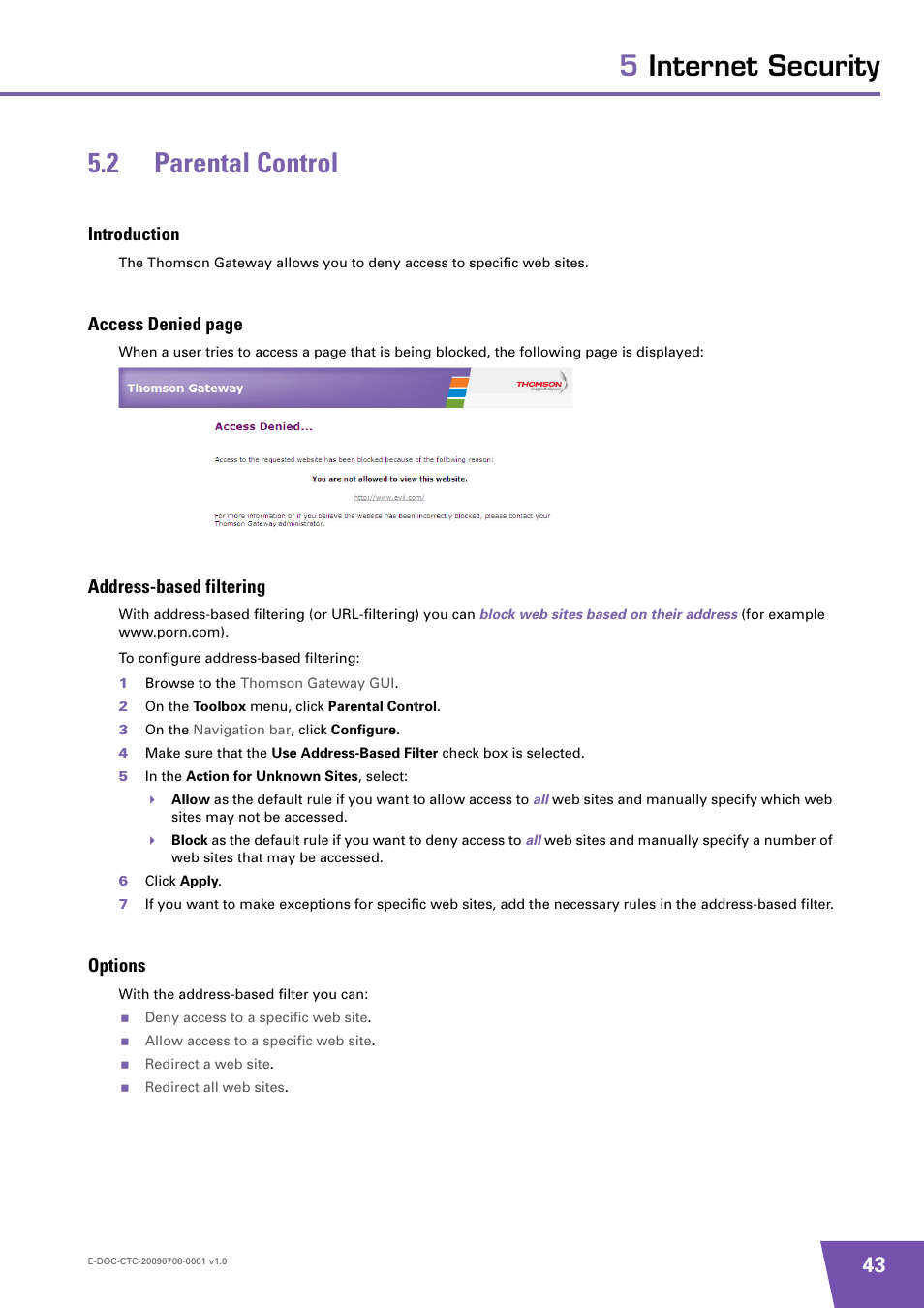 2 parental control, Introduction, Address-based filtering | Options, Parental control, 5internet security 5.2 parental control, Access denied page | Technicolor - Thomson TG585 V8 User Manual | Page 49 / 60