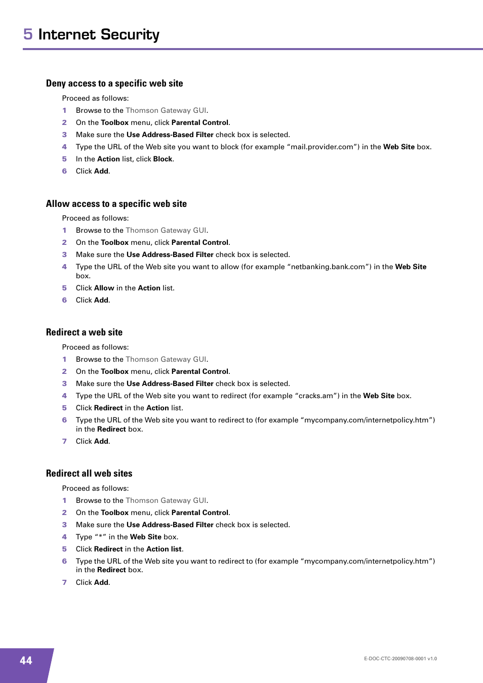 Deny access to a specific web site, Allow access to a specific web site, Redirect a web site | Redirect all web sites, 5internet security | Technicolor - Thomson TG585 V8 User Manual | Page 50 / 60