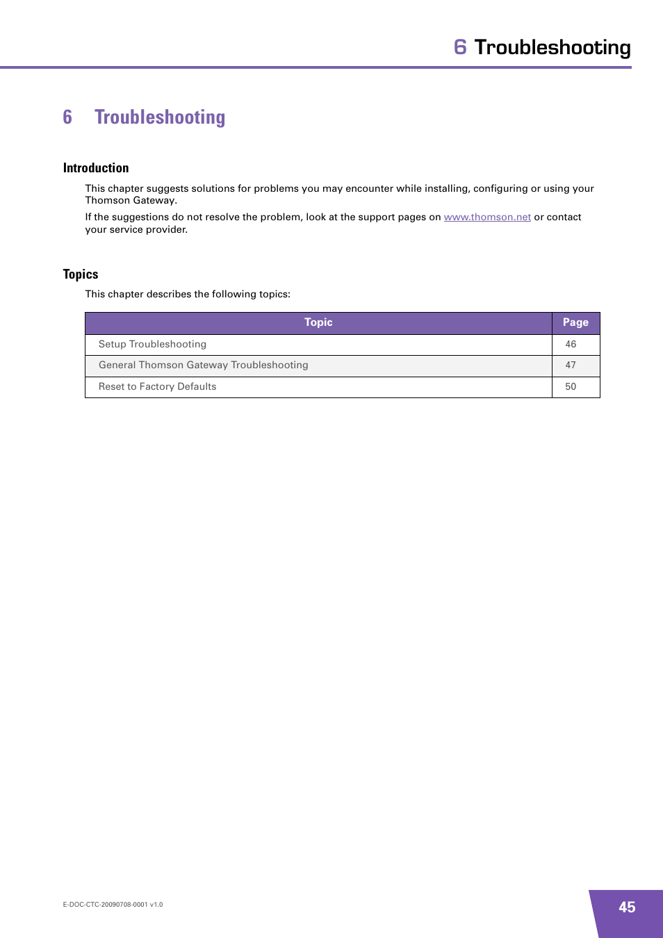 6 troubleshooting, Introduction, Topics | Troubleshooting, 6troubleshooting 6 troubleshooting | Technicolor - Thomson TG585 V8 User Manual | Page 51 / 60