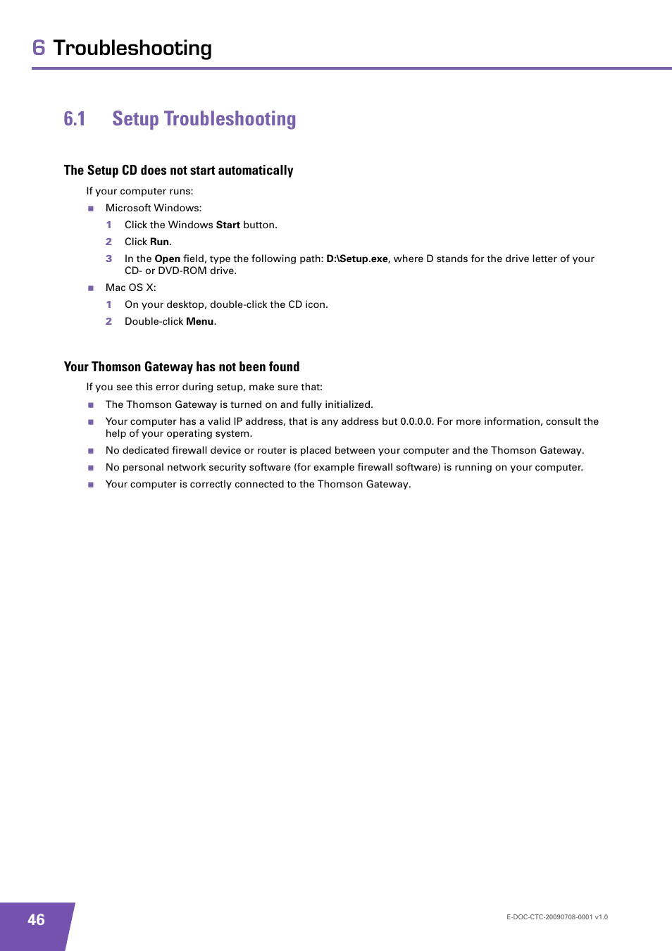 1 setup troubleshooting, The setup cd does not start automatically, Your thomson gateway has not been found | Setup troubleshooting, T, see, 6troubleshooting 6.1 setup troubleshooting | Technicolor - Thomson TG585 V8 User Manual | Page 52 / 60