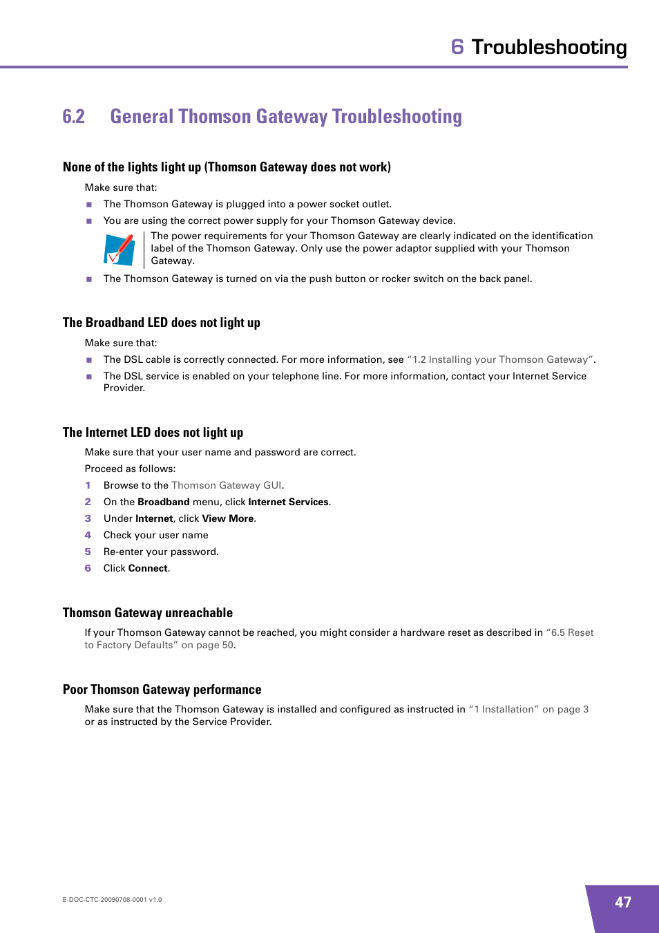 2 general thomson gateway troubleshooting, The broadband led does not light up, The internet led does not light up | Thomson gateway unreachable, Poor thomson gateway performance, General thomson gateway troubleshooting | Technicolor - Thomson TG585 V8 User Manual | Page 53 / 60