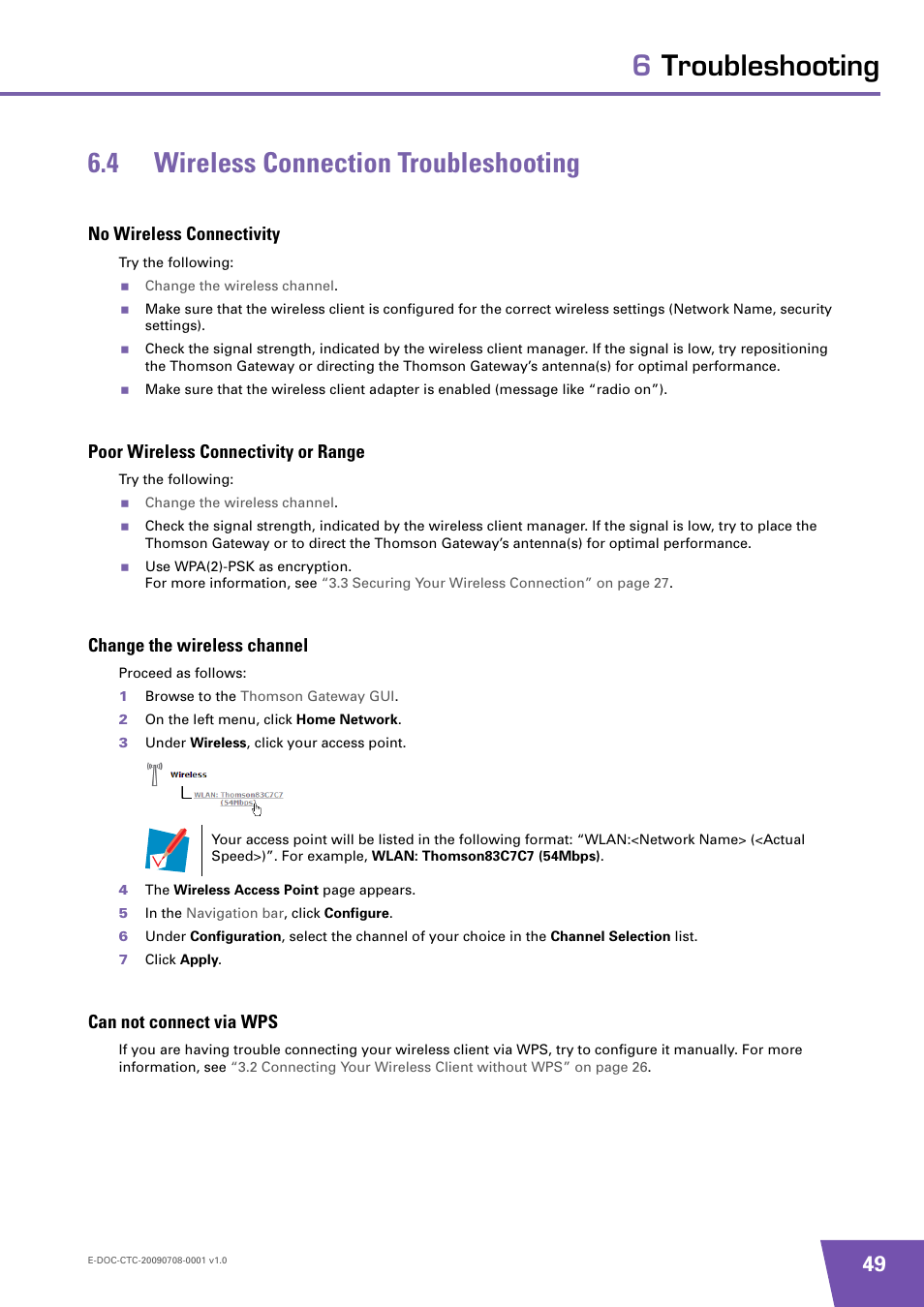 4 wireless connection troubleshooting, No wireless connectivity, Poor wireless connectivity or range | Change the wireless channel, Can not connect via wps, Wireless connection troubleshooting | Technicolor - Thomson TG585 V8 User Manual | Page 55 / 60