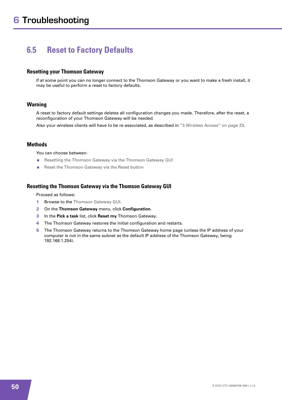 5 reset to factory defaults, Resetting your thomson gateway, Warning | Methods, Reset to factory defaults, As described in, 5 reset, 6troubleshooting 6.5 reset to factory defaults | Technicolor - Thomson TG585 V8 User Manual | Page 56 / 60