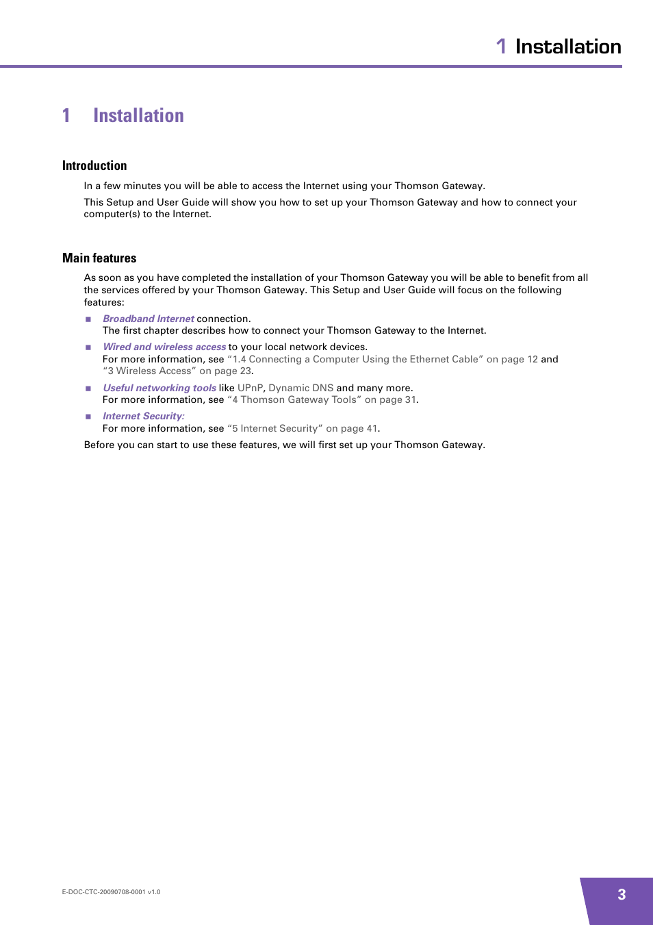 1 installation, Introduction, Main features | Installation, 1installation 1 installation | Technicolor - Thomson TG585 V8 User Manual | Page 9 / 60