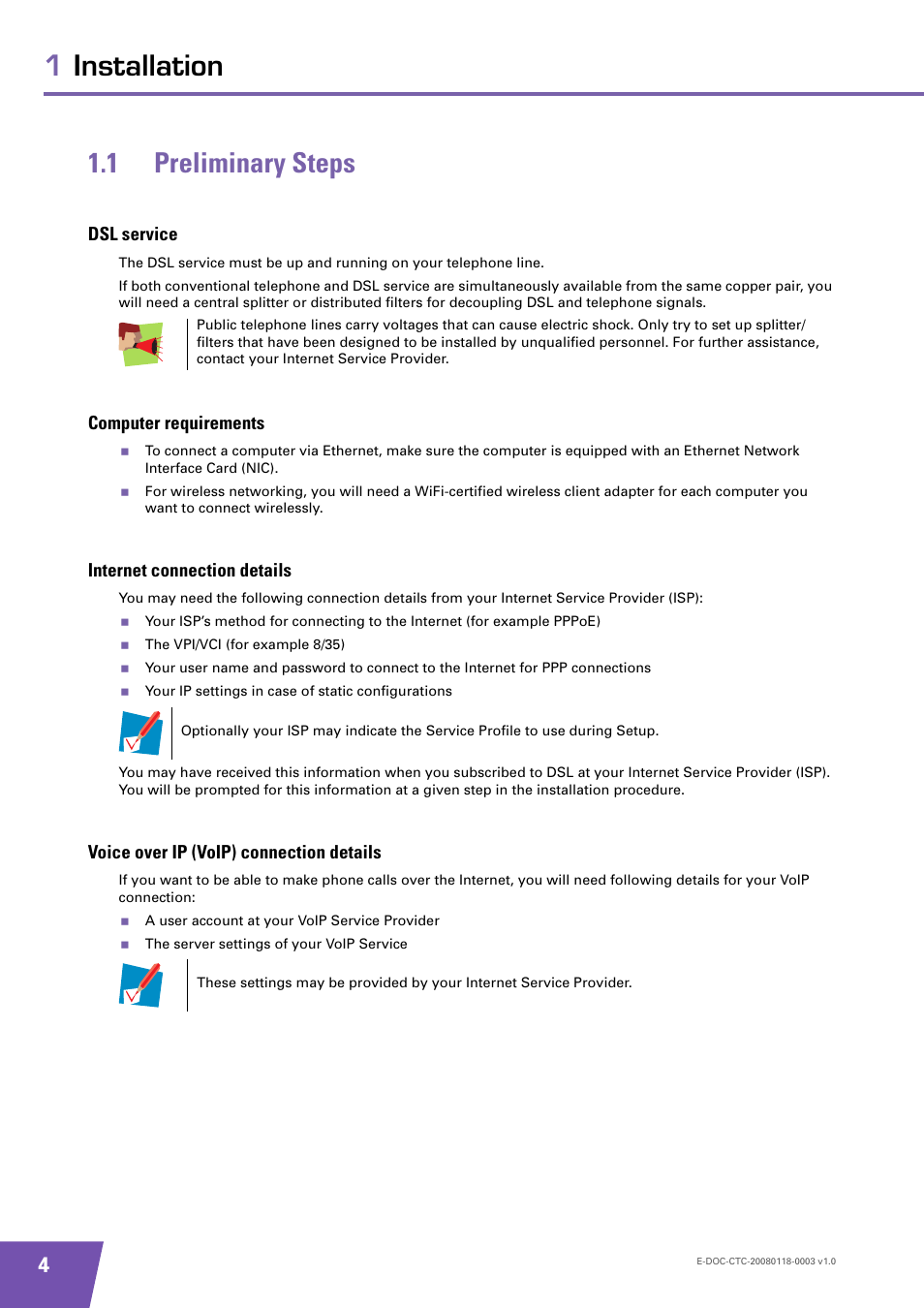 1 preliminary steps, Dsl service, Computer requirements | Internet connection details, Voice over ip (voip) connection details, Preliminary steps, 1installation 1.1 preliminary steps | Technicolor - Thomson 585 v7 User Manual | Page 10 / 66