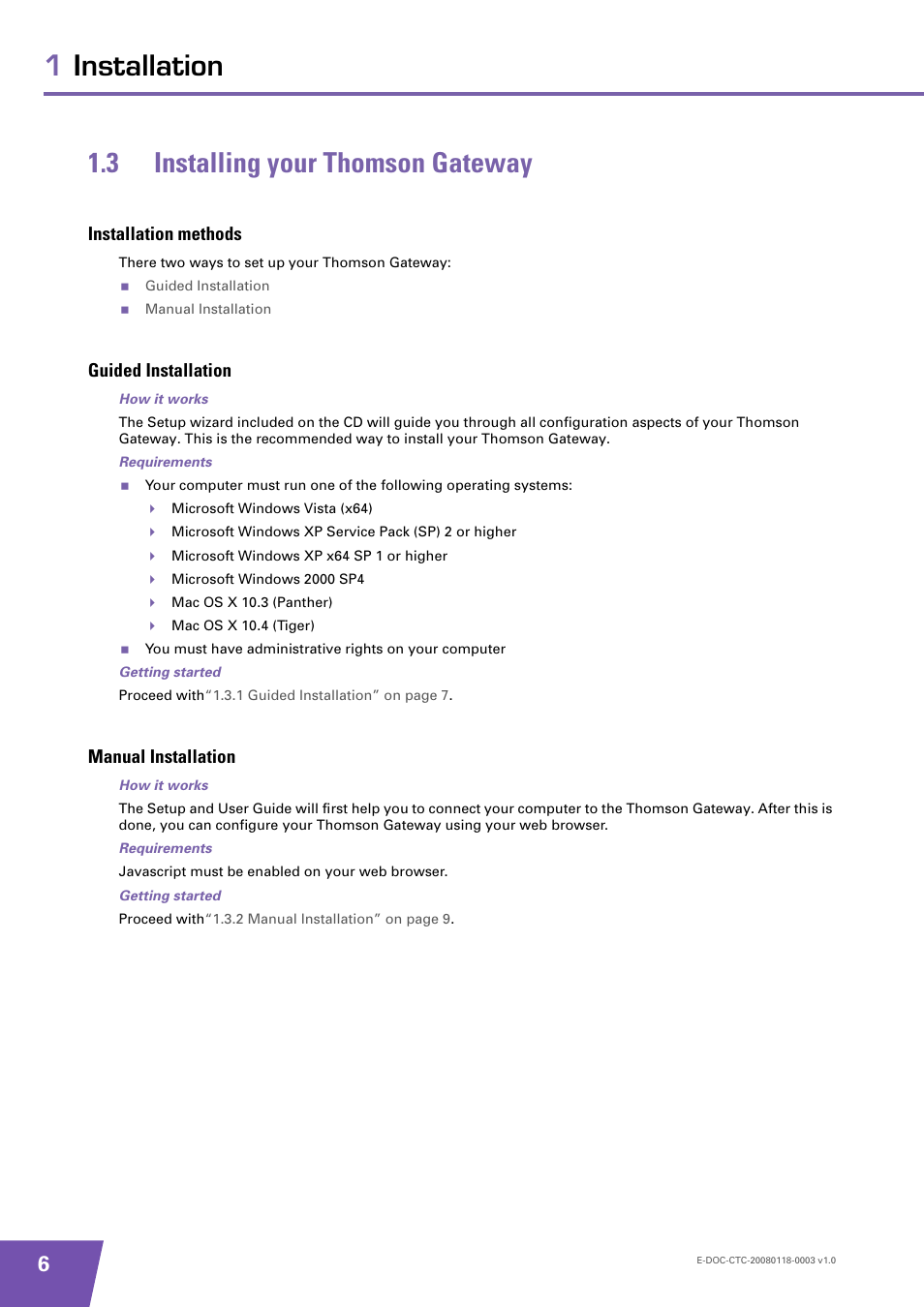 3 installing your thomson gateway, Installation methods, Guided installation | Manual installation, Installing your thomson gateway, 1installation 1.3 installing your thomson gateway | Technicolor - Thomson 585 v7 User Manual | Page 12 / 66