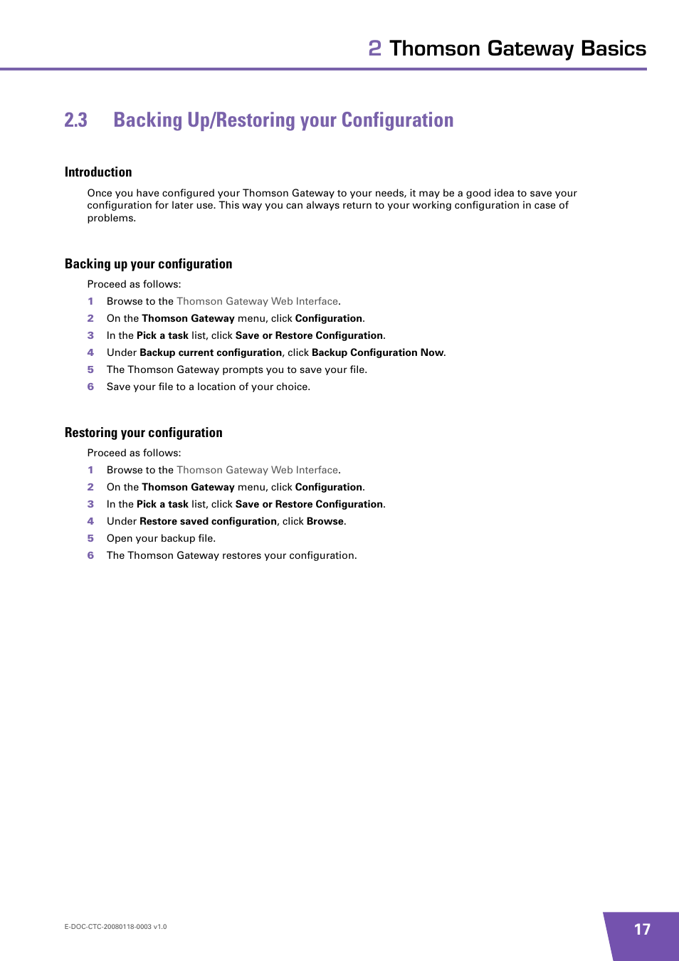 3 backing up/restoring your configuration, Introduction, Backing up your configuration | Restoring your configuration, Backing up/restoring your configuration | Technicolor - Thomson 585 v7 User Manual | Page 23 / 66