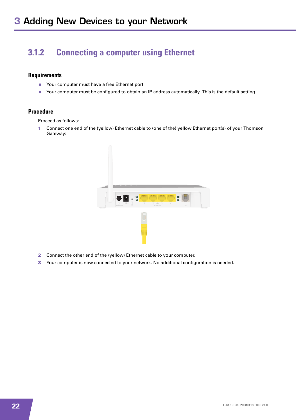 2 connecting a computer using ethernet, Requirements, Procedure | Connecting a computer using ethernet | Technicolor - Thomson 585 v7 User Manual | Page 28 / 66