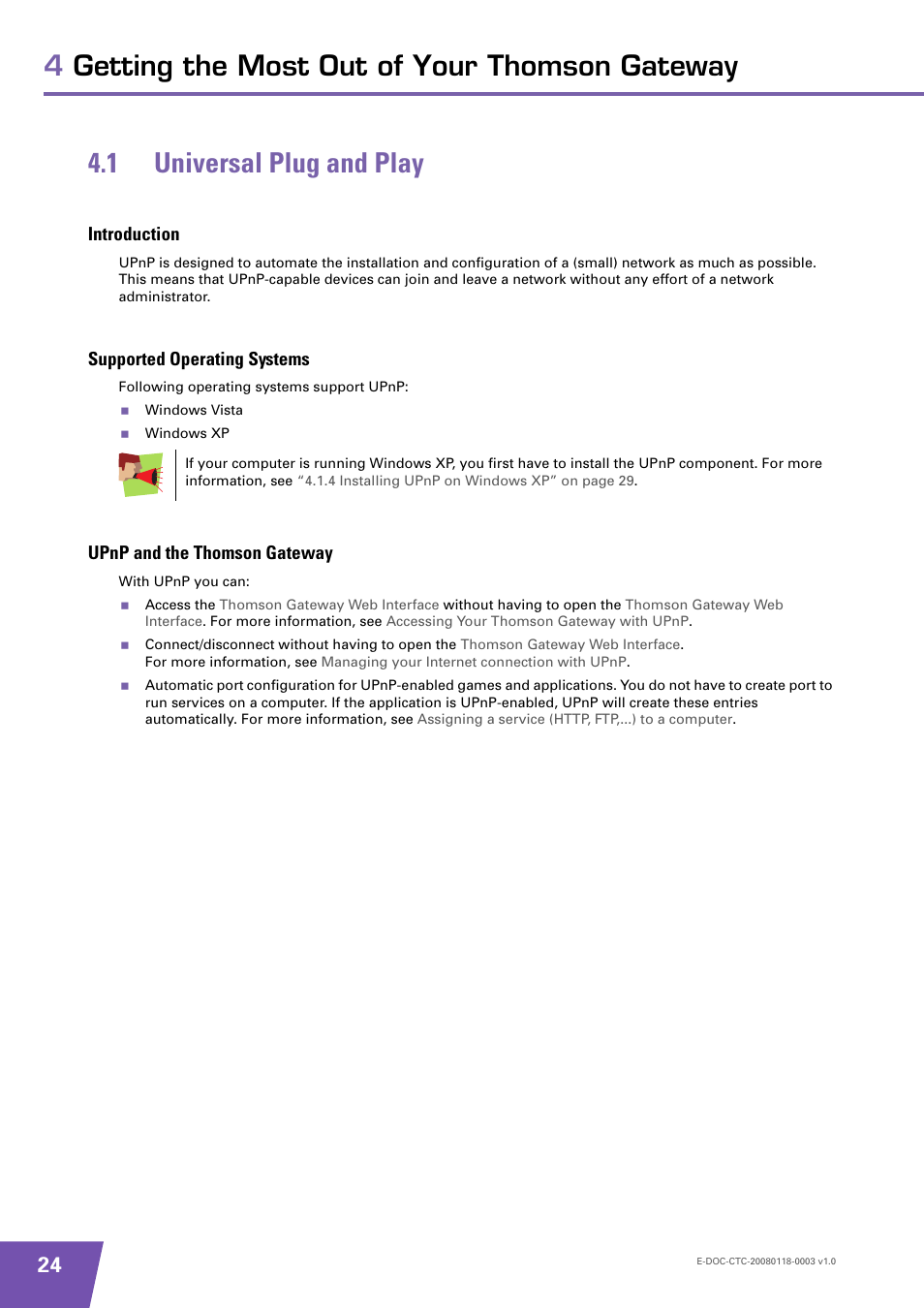 1 universal plug and play, Introduction, Supported operating systems | Upnp and the thomson gateway, Universal plug and play, 1 universal plug and play” on | Technicolor - Thomson 585 v7 User Manual | Page 30 / 66