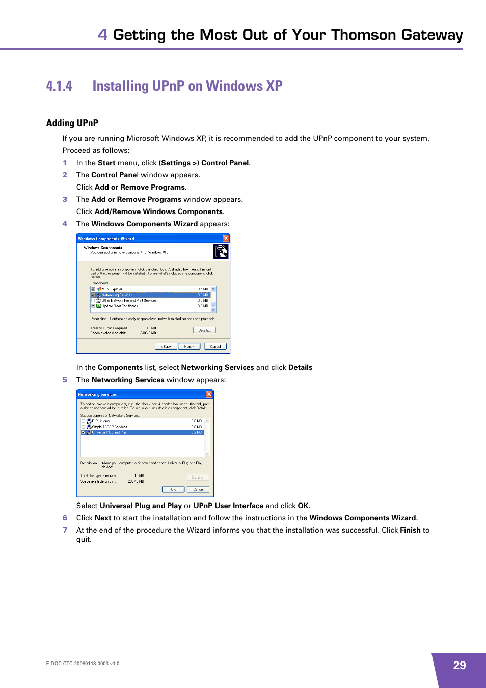 4 installing upnp on windows xp, Adding upnp, Installing upnp on windows xp | Technicolor - Thomson 585 v7 User Manual | Page 35 / 66