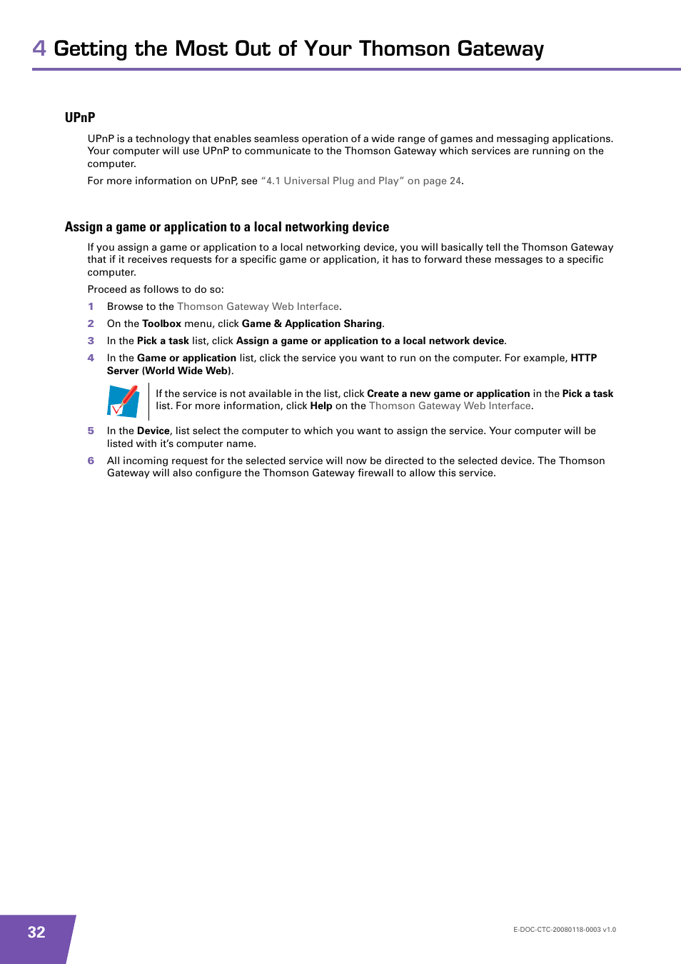 Upnp, 4getting the most out of your thomson gateway | Technicolor - Thomson 585 v7 User Manual | Page 38 / 66