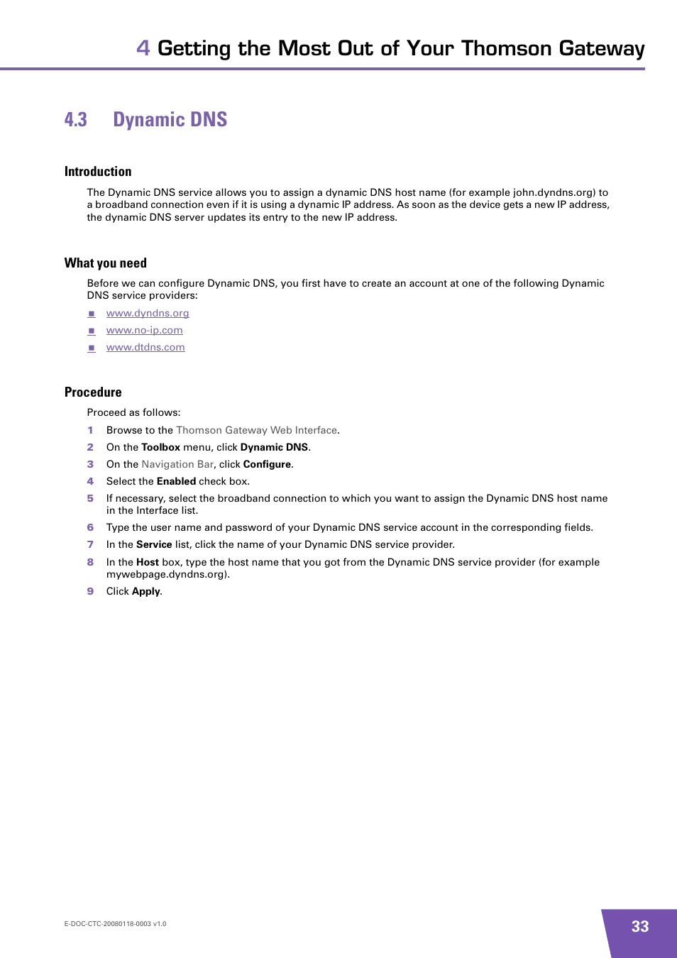 3 dynamic dns, Introduction, What you need | Procedure, Dynamic dns | Technicolor - Thomson 585 v7 User Manual | Page 39 / 66