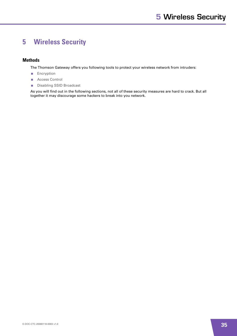 5 wireless security, Methods, Wireless security | 5wireless security 5 wireless security | Technicolor - Thomson 585 v7 User Manual | Page 41 / 66