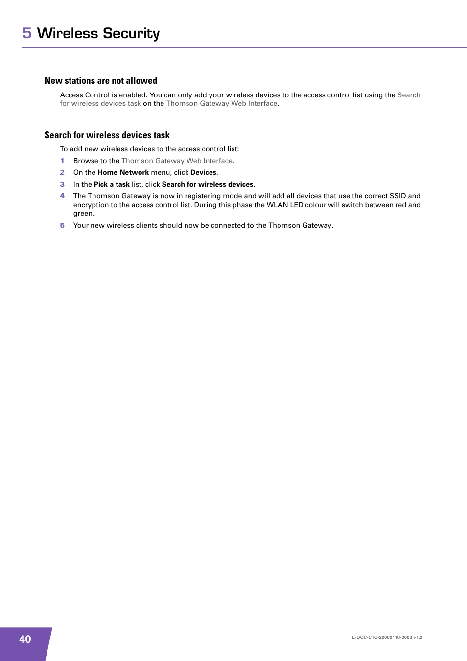 New stations are not allowed, Search for wireless devices task, On the | 5wireless security | Technicolor - Thomson 585 v7 User Manual | Page 46 / 66