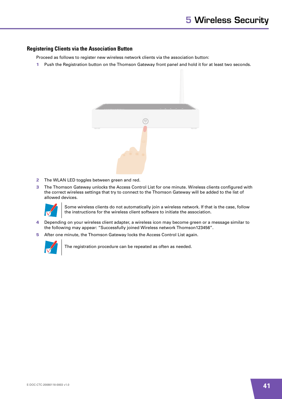 Registering clients via the association button, 5wireless security | Technicolor - Thomson 585 v7 User Manual | Page 47 / 66