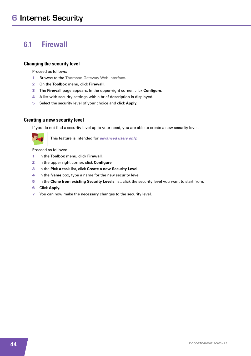 1 firewall, Changing the security level, Creating a new security level | Firewall, 6internet security 6.1 firewall | Technicolor - Thomson 585 v7 User Manual | Page 50 / 66