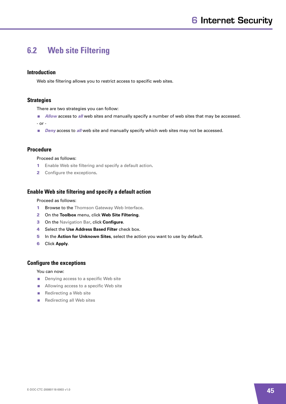 2 web site filtering, Introduction, Strategies | Procedure, Configure the exceptions, Web site filtering, 6internet security 6.2 web site filtering | Technicolor - Thomson 585 v7 User Manual | Page 51 / 66