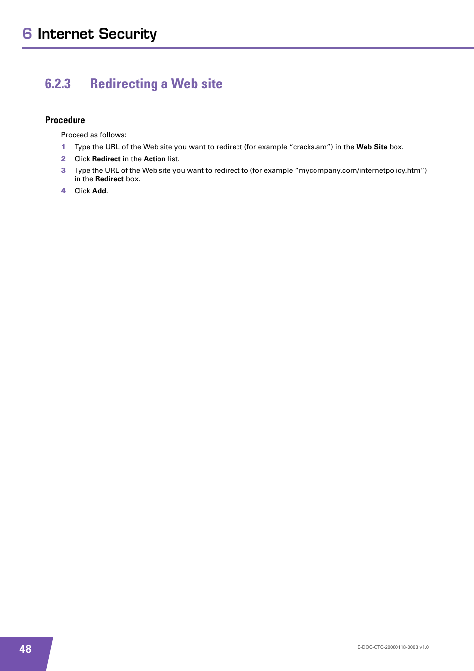 3 redirecting a web site, Procedure, Redirecting a web site | 6internet security 6.2.3 redirecting a web site | Technicolor - Thomson 585 v7 User Manual | Page 54 / 66