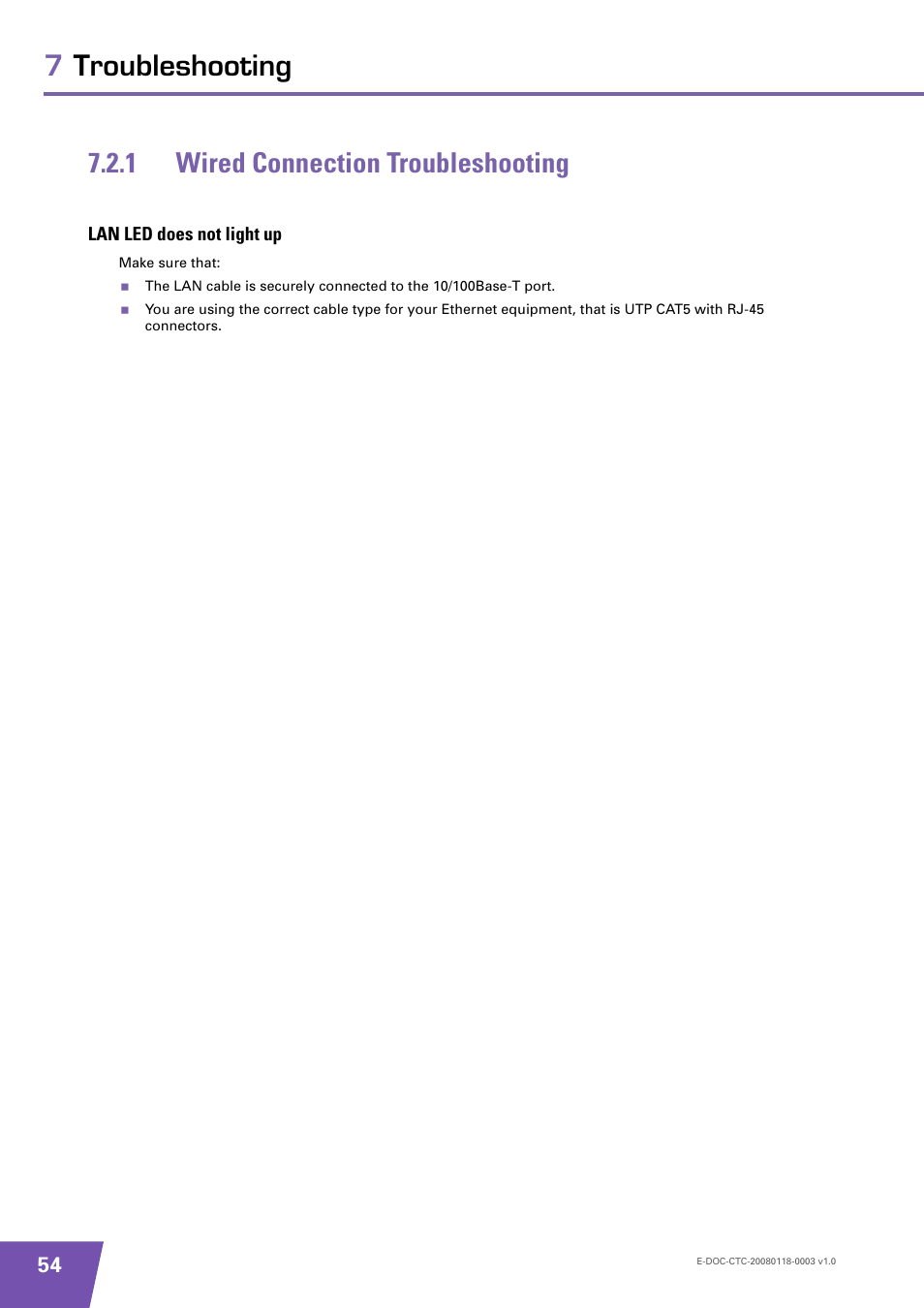 1 wired connection troubleshooting, Lan led does not light up, Wired connection troubleshooting | Technicolor - Thomson 585 v7 User Manual | Page 60 / 66