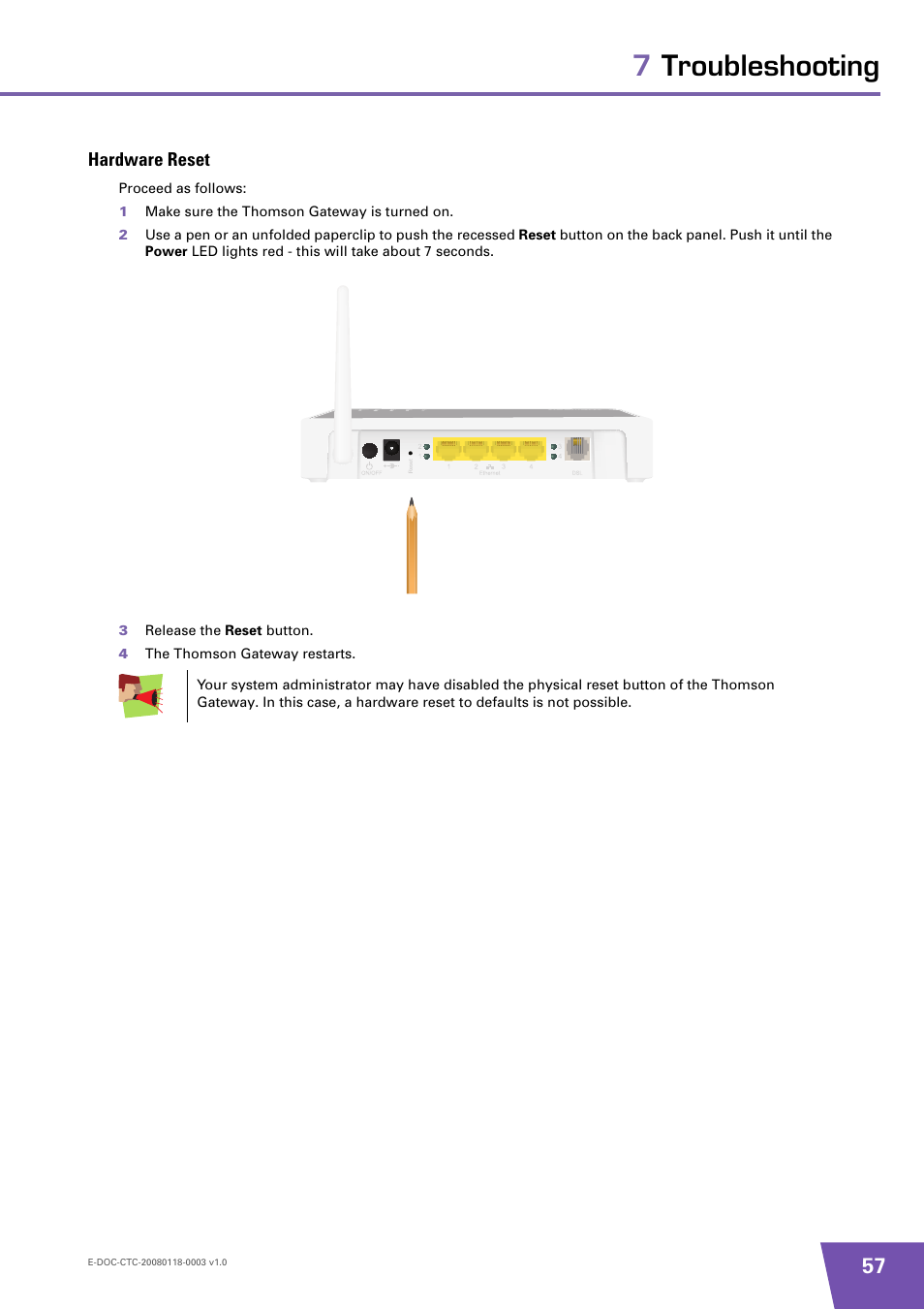 Hardware reset, 7troubleshooting | Technicolor - Thomson 585 v7 User Manual | Page 63 / 66