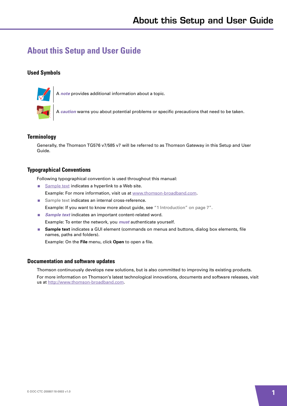 About this setup and user guide, Used symbols, Terminology | Typographical conventions, Documentation and software updates, Used symbols terminology | Technicolor - Thomson 585 v7 User Manual | Page 7 / 66