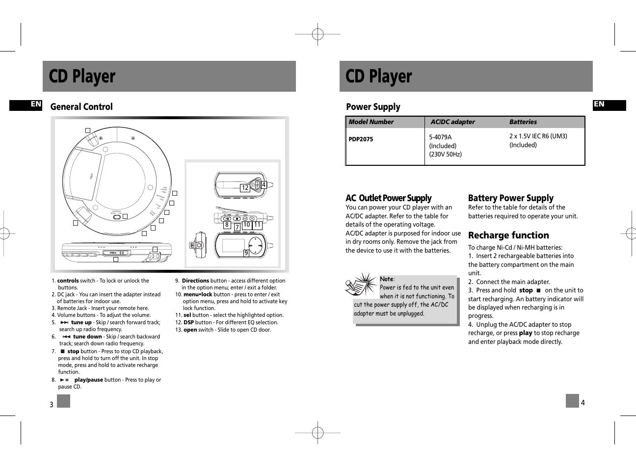 Cd player, Ac outlet power supply, Battery power supply | Recharge function, Power supply, General control | Technicolor - Thomson PDP2075 User Manual | Page 5 / 10